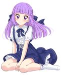  aikatsu! aikatsu!_(series) bangs between_legs blue_ribbon blue_skirt blunt_bangs blush buttons closed_mouth eyebrows_visible_through_hair frilled_legwear full_body hair_ribbon hand_between_legs highres hikami_sumire hime_cut long_hair looking_at_viewer no_shoes puffy_short_sleeves puffy_sleeves purple_eyes purple_hair ribbon sekina shirt short_sleeves simple_background sitting skirt socks solo suspender_skirt suspenders white_background white_legwear white_shirt yokozuwari 