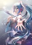  aqua_hair blue_eyes character_name commentary_request dated detached_sleeves foreshortening from_side hatsune_miku headphones highres long_hair looking_at_viewer necktie open_mouth outstretched_arm sei_(abab40116) signature skirt solo thighhighs twintails very_long_hair vocaloid 