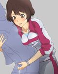  1girl :3 :d breath brown_hair cum cum_on_body cum_on_upper_body don_(rg06268) foreskin grey_background highres jacket kurumada_gou leaning_forward open_mouth pants reach-around shinmon_megumi short_hair smile sweat tomica_hyper_rescue_drive_head:_kidou_kyuukyuu_keisatsu track_jacket track_pants watch 