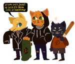  2017 age_difference anthro bruised canine casey_(nitw) cat clothed clothing cub cute dialogue english_text feline footwear fox fully_clothed gregg_(nitw) hood hooded_jacket hoodie jacket jeans laces leather leather_jacket mae_(nitw) mammal night_in_the_woods pants shirt shorts skateboard speech_bubble text threehairs_(artist) torn_clothing torn_jeans torn_pants young 