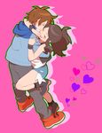  1girl ^_^ blush brown_hair closed_eyes couple denim denim_shorts exposed_pocket heart hetero hug no_hat no_headwear pink_background pokemon pokemon_(game) pokemon_bw ponytail short_shorts shorts simple_background smile touko_(pokemon) touya_(pokemon) zomoko 