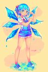  &gt;:) alternate_costume artist_name belt blue_belt blue_eyes blue_footwear blue_hair blue_shorts cirno clenched_hand cloudytian collared_shirt commentary english frilled_shorts frills hair_ribbon hand_on_own_arm highres ice ice_wings looking_at_viewer melting neck_ribbon no_hair_bow orange_background overalls ponytail puddle red_ribbon ribbon shirt shoes short_hair short_sleeves shorts simple_background smile solo_focus tan tanned_cirno touhou v-shaped_eyebrows white_shirt wings yellow_background 
