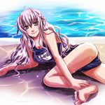  ass bare_shoulders barefoot breasts cleavage full_metal_panic! hair_between_eyes large_breasts long_hair looking_at_viewer lying mimominopekori name_tag on_side one-piece_swimsuit pool poolside school_swimsuit silver_eyes silver_hair solo swimsuit teletha_testarossa water 
