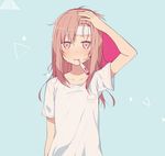  arm_up bangs blue_background blush brown_hair collarbone commentary fever hair_between_eyes hand_on_head heart heart-shaped_pupils long_hair looking_at_viewer minamiya_mia mouth_hold original pink_eyes shirt simple_background solo symbol-shaped_pupils t-shirt tears thermometer towel towel_on_head triangle upper_body white_shirt 