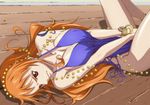  1girl bare_arms bare_legs bare_shoulders blue_dress bracelet breast_squeeze breasts cleavage collarbone covering covering_crotch dress highres kyabakurabakufu large_breasts legs long_hair looking_at_viewer lots_of_jewelry lying matching_hair/eyes nami_(one_piece) one_piece orange_eyes orange_hair shiny shiny_skin solo tattoo thighs 