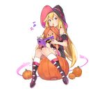  :o bare_shoulders beamed_sixteenth_notes blonde_hair book boots eighth_note full_body green_eyes halloween hat jack-o'-lantern kneehighs long_hair magi_mitras miniskirt musical_note nail_polish official_art open_book open_mouth pink_nails pop_kyun pumpkin sitting skirt solo stuffed_animal stuffed_lion stuffed_toy transparent_background uchi_no_hime-sama_ga_ichiban_kawaii witch_hat 