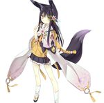  animal_ear_fluff animal_ears black_hair borrowed_character eating flower food fox_ears fox_tail full_body geta hair_flower hair_ornament highres japanese_clothes kuromitsu_nene lolita_fashion long_hair looking_at_viewer original poco_(asahi_age) solo standing tabi tail wa_lolita wide_sleeves yellow_eyes 