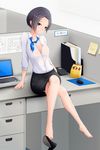  absurdres bag_of_chips barefoot black_hair black_skirt breasts brown_eyes computer crossed_legs cubicle desk guxu highres indoors kobayakawa_rinko laptop licking_lips looking_at_viewer love_plus medium_breasts mouse_(computer) mousepad_(object) office_lady phone shirt short_hair sitting skirt smile solo sticky_note tongue tongue_out 