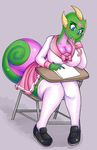  2017 anthro arm_support basketgardevoir big_breasts blue_eyes breasts chameleon cleavage clothed clothing curled_tail female footwear front_view green_scales hi_res legwear lizard long_tongue purple_scales reptile scales scalie school school_uniform shoes simple_background sitting skirt solo stockings thick_thighs tongue tongue_out uniform 