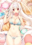  animal_ears bangs bikini blurry blush bow breasts bunny_ears candy candy_wrapper cleavage closed_mouth collarbone commentary_request covering_mouth cowboy_shot cream_puff crossed_bangs cynthia_riddle depth_of_field doughnut eating food green_bikini hair_between_eyes hands_up headdress heart heart_pillow holding holding_food large_breasts long_hair looking_at_viewer lying macaron medium_breasts navel on_back original p19 pillow plaid plaid_bikini red_eyes revision side-tie_bikini side-tie_bottom sidelocks solo swimsuit tareme thighs very_long_hair white_hair 