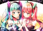  2girls aqua_hair aqua_neckwear black_hairband blue_eyes blush bokkun_(doyagaobyo) bra breasts cleavage copyright_name dated detached_sleeves dual_persona eye_contact eyebrows_visible_through_hair grey_shirt hair_between_eyes hair_ornament hairband hand_on_another's_shoulder hatsune_miku headphones holding_hands interlocked_fingers long_hair looking_at_another microphone multiple_girls necktie pink_eyes polka_dot polka_dot_bra red_hair red_neckwear shirt signature sleeveless sleeveless_shirt small_breasts tattoo twintails underwear upper_body very_long_hair vocaloid yuri 