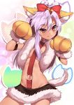 :q animal_ears bell black_skirt bow breasts chloe_von_einzbern cleavage collar cowboy_shot dark_skin eyebrows_visible_through_hair fate/kaleid_liner_prisma_illya fate_(series) fox_ears fox_tail gloves hair_bell hair_between_eyes hair_bow hair_ornament highres ilxodidli long_hair looking_at_viewer microskirt midriff navel orange_eyes paw_gloves paws pink_hair red_bow skirt small_breasts solo standing stomach tail tongue tongue_out underboob yellow_gloves 