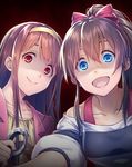  blue_eyes brown_hair cuffs evil_smile handcuffs idolmaster idolmaster_million_live! long_hair multiple_girls nanaran open_mouth ponytail red_eyes satake_minako smile tanaka_kotoha yandere 