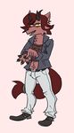  black_jacket black_shoes clothing doopcity explaining finger_on_palm fishnet furry_satan jeans pants pink_background simple_background yellow_sclera 