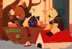  2017 anthro black_fur boat boots brown_fur building canine casey_(nitw) cat clothing cute dog_house ear_piercing fangs feline flood footwear fox fur gregg_(nitw) hooded_jacket hoodie house invalid_tag jacket laugh mae_(nitw) mammal night_in_the_woods oar orange_fur piercing rowboat sculpture ship skull skull_and_crossbones sleeping smile statue tan_fur teeth threehairs_(artist) toy toy_ship tree vehicle water whiskers yellow_fur 