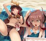  ass bikini blue_bikini breasts brown_hair can cleavage fate/grand_order fate_(series) grey_eyes grin hat headphones headphones_around_neck highres koha-ace long_hair looking_at_viewer lying medium_breasts multiple_girls navel oda_nobunaga_(fate) oda_nobunaga_(swimsuit_berserker)_(fate) okita_souji_(fate) okita_souji_(fate)_(all) on_back open_mouth pink_hair red_eyes small_breasts smile sue_(bg-bros) swimsuit towel 