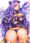  1girl armor ass breasts cameltoe camilla_(fire_emblem_if) curly_hair fire_emblem fire_emblem_if from_behind gloves hair_over_one_eye hand_on_ass huge_breasts long_hair looking_back open_mouth purple_gloves purple_hair red_eyes simple_background solo teruru thong very_long_hair wavy_hair wedgie white_background 