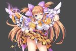  1girl angel blue_eyes brown_hair electricity erect_nipples gun idol kamihime_project_r legs long_hair looking_at_viewer open_mouth pantyshot pose ramiel_(kamihime) weapon wings wink 