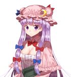  absurdres bangs blue_bow bow bowtie breasts capelet cleavage closed_mouth crescent crescent_moon_pin expressionless eyebrows_visible_through_hair gem_oblivion hair_bow hat highres long_hair looking_at_viewer medium_breasts mob_cap patchouli_knowledge pink_hat pinstripe_pattern purple_eyes purple_hair red_bow red_neckwear sidelocks simple_background solo striped touhou upper_body vertical_stripes white_background 