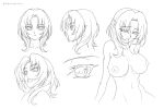  1girl artist_name blush breasts character_sheet curvy erect_nipples female kagami_hirotaka koutetsu_no_majo_anneroze large_breasts lilith-soft looking_at_viewer mitico_fleuretty monochrome multiple_views nude official_art open_mouth pointy_ears short_hair solo thighs translation_request white_background 