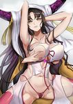 armpits arms_behind_head arms_up bare_shoulders black_hair breast_grab breasts cleavage collarbone commentary_request cyicheng facial_mark fate/extra fate/extra_ccc fate_(series) forehead_mark g-string grabbing grabbing_from_behind groping horns large_breasts long_hair looking_at_viewer navel parted_lips revealing_clothes sesshouin_kiara sitting smile spread_legs stomach thighhighs thong veil very_long_hair yellow_eyes 