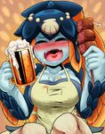  &lt;3 alcohol apron beer beverage big_breasts blush breasts bugge_man cleavage clothed clothing cup drunk eyes_closed female fish humanoid kebab marine meat minette open_mouth skullgirls solo 