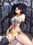  &gt;:( arm_support ass_visible_through_thighs asymmetrical_clothes asymmetrical_legwear bare_shoulders black_gloves black_hair black_legwear breasts cage cleavage closed_mouth commentary_request crown cyicheng earrings elbow_gloves fate/grand_order fate_(series) frown gloves hair_ribbon hoop_earrings in_cage ishtar_(fate/grand_order) jewelry long_hair looking_at_viewer medium_breasts midriff navel neck_ring red_eyes ribbon single_elbow_glove single_thighhigh sitting solo spread_legs stomach sword tentacles thighhighs thighs two_side_up v-shaped_eyebrows weapon 
