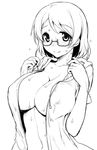  10s 1girl blush breasts cleavage glasses hirowa_nagi koizumi_hanayo large_breasts looking_at_viewer looking_over_glasses love_live! love_live!_school_idol_project monochrome navel no_bra open_clothes short_hair simple_background sketch smile solo standing wet wet_clothes white_background 