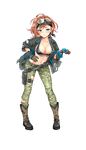  bandana bikini blue_eyes blush bomber_jacket boots breasts brown_footwear camouflage camouflage_pants cleavage dominic_shangri-la formation_girls full_body gloves goggles goggles_on_head highres jacket kamura_poku large_breasts light_brown_hair looking_at_viewer midriff navel official_art open_clothes open_jacket pants solo swimsuit torn_clothes torn_jacket torn_pants transparent_background 