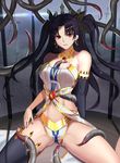  &gt;:( arm_support ass_visible_through_thighs asymmetrical_clothes asymmetrical_legwear bare_shoulders black_gloves black_hair black_legwear breasts cage cleavage closed_mouth commentary_request crown cyicheng earrings elbow_gloves fate/grand_order fate_(series) frown gloves groping hair_ribbon hoop_earrings in_cage ishtar_(fate/grand_order) jewelry long_hair looking_at_viewer medium_breasts midriff navel neck_ring red_eyes ribbon single_elbow_glove single_thighhigh sitting solo spread_legs stomach sword tentacles thighhighs thighs two_side_up v-shaped_eyebrows weapon 