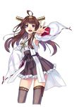  :d ahoge bare_shoulders belt breasts brown_hair brown_skirt cropped_legs detached_sleeves grey_legwear hairband hakama_skirt hand_on_hip headgear japanese_clothes kantai_collection kongou_(kantai_collection) long_hair medium_breasts nontraditional_miko open_hand open_mouth outstretched_arm outstretched_hand purple_eyes remodel_(kantai_collection) ribbon-trimmed_sleeves ribbon_trim sash simple_background skirt smile solo thighhighs wasabino_tenpura white_background wide_sleeves 