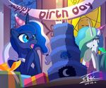  2017 birthday blue_eyes bluse cake duo equine female food friendship_is_magic horn mammal my_little_pony princess_celestia_(mlp) princess_luna_(mlp) sibling sisters winged_unicorn wings 
