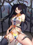  &gt;:( arm_support ass_visible_through_thighs asymmetrical_clothes asymmetrical_legwear bare_shoulders black_gloves black_hair black_legwear blush breasts cage cleavage closed_mouth commentary_request crown cyicheng earrings elbow_gloves fate/grand_order fate_(series) frown gloves groping hair_ribbon hoop_earrings in_cage ishtar_(fate/grand_order) jewelry long_hair looking_at_viewer medium_breasts midriff navel neck_ring red_eyes ribbon single_elbow_glove single_thighhigh sitting solo spread_legs stomach sword tentacles thighhighs thighs two_side_up v-shaped_eyebrows weapon 