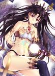  armlet asymmetrical_clothes asymmetrical_legwear asymmetrical_sleeves bare_shoulders black_hair black_legwear black_panties blush breasts cleavage closed_mouth collarbone commentary_request crown detached_sleeves earrings fate/grand_order fate_(series) hair_ribbon highres hoop_earrings ishtar_(fate/grand_order) jewelry long_legs looking_at_viewer navel neck_ring panties red_eyes ribbon shinkami_hiroki single_detached_sleeve single_thighhigh small_breasts smile solo stomach thighhighs two_side_up underwear 