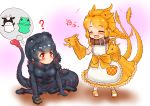  +++ 2girls :/ ? ^_^ apron arm_support bangs black_hair blush bow braid chibi closed_eyes closed_mouth collar commentary_request dog_collar dress eyebrows_visible_through_hair eyes_closed frills full_body gloves godzilla godzilla_(series) hair_ornament hairband hakumaiya hand_puppet highres kemono_friends king_ghidorah long_dress long_hair looking_at_another medium_hair multicolored_hair multiple_girls multiple_tails open_mouth orange_hair parted_bangs personification pocket puppet red_eyes red_hair shin_godzilla short_sleeves single_braid sitting smile standing tail thought_bubble toy toy_tank two-tone_hair two_tails wariza |d 