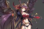  1girl amon_(kamihime) black_hair breasts cleavage demon_girl feathers green_eyes horns kamihime_project_r navel revealing_clothes unleashed wings 