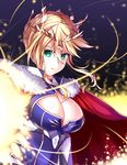  ahoge artoria_pendragon_(all) artoria_pendragon_(lancer) blonde_hair breasts cape cleavage cleavage_cutout closed_mouth commentary_request crown fate/grand_order fate_(series) fur_trim green_eyes hair_between_eyes large_breasts looking_at_viewer shinkami_hiroki sidelocks solo upper_body 