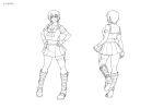  1girl ass bare_legs boots breasts character_sheet curvy female full_body kagami_hirotaka knife koutetsu_no_majo_anneroze large_breasts lilith-soft looking_at_viewer monochrome multiple_views official_art otonashi_miki school_uniform short_hair short_twintails skirt smile standing translation_request twintails weapon white_background 