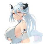  bad_id bad_twitter_id bare_shoulders blue_hair breasts commentary_request draph flower from_side granblue_fantasy hair_between_eyes hair_flower hair_ornament highres horns izmir koretsuki_azuma large_breasts long_hair looking_at_viewer looking_to_the_side parted_lips pointy_ears ponytail red_eyes shawl sideboob smile solo underboob upper_body 