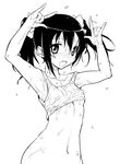  10s 1girl black_hair breasts crop_top hirowa_nagi looking_at_viewer love_live! love_live!_school_idol_project monochrome navel nico_nico_nii no_bra open_mouth simple_background sketch small_breasts solo standing twintails underboob wet wet_clothes white_background yazawa_nico 