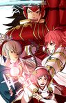  2girls armor brown_hair fire_emblem fire_emblem_if fuujin_yumi hinoka_(fire_emblem_if) holding holding_sword holding_weapon japanese_clothes katana looking_at_viewer multiple_boys multiple_girls pink_hair ponytail raijintou_(sword) ryouma_(fire_emblem_if) sakura_(fire_emblem_if) sword takumi_(fire_emblem_if) weapon white_hair 