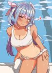  alternate_costume bikini blush bow breasts cleavage collarbone cosplay eyebrows_visible_through_hair from_above hair_bow hand_under_clothes heart heart-shaped_pupils i-19_(kantai_collection) kantai_collection long_hair medium_breasts multicolored_hair nontraditional_school_swimsuit pool purple_hair red_eyes ro-500_(kantai_collection) ro-500_(kantai_collection)_(cosplay) satsuki_neko school_swimsuit sitting sketch smile solo swimsuit symbol-shaped_pupils tan tanline twintails white_bikini 
