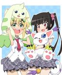  :3 :d akatsuki_kirika animal animal_on_head bangs black_hair blonde_hair blue_eyes blush bow claws crossover digimon fang green_eyes hair_bow hair_ornament holding holding_animal holy_ring horn long_hair lydian_academy_uniform multiple_girls necktie on_head one_eye_closed open_mouth pink_bow pleated_skirt purple_eyes red_neckwear school_uniform senki_zesshou_symphogear short_hair skirt smile tail tailmon terriermon tsukuyomi_shirabe x_hair_ornament yaya_(20090410) 