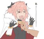  &gt;_&lt; anger_vein astolfo_(fate) bow braid cape commentary fang fate/apocrypha fate/grand_order fate_(series) flying_teardrops hair_bow kadoyuki_(kadouki) long_hair male_focus otoko_no_ko pink_hair pulling simple_background single_braid stretch upper_body white_background 