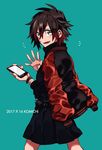  artist_name cellphone commentary dated highres hosomitimiti jacket_over_shoulder looking_at_viewer phone red_hair ruby_rose rwby silver_eyes smartphone solo waving 