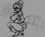  anthro barely_contained big_breasts breasts chubbing clothing crouching female grancoon_(infernal-beggar) greyscale huge_breasts infernal-beggar looking_at_viewer mammal monochrome raccoon sketch solo tight_clothing 