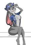  2016 3_toes 4_fingers abs anthro bottomless breasts buckteeth butt cal-223 clothed clothing disney female fur grey_fur hat hi_res judy_hopps lagomorph long_ears looking_at_viewer mammal muscular muscular_female open_shirt partially_clothed police police_uniform purple_eyes rabbit raised_arm simple_background sitting solo teeth thick_thighs toes uniform zootopia 
