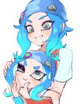  2girls badge beanie blue_hair blue_hat button_badge dual_persona eyeliner grin hand_on_another&#039;s_face hand_on_another&#039;s_head hat highres humanization jtveemo long_hair looking_at_another makeup multiple_girls octarian octoling one_eye_closed short_sleeves silver_eyes simple_background smile splatoon splatoon_(series) splatoon_2 tentacle_hair v-shaped_eyebrows white_background wristband 