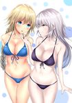  absurdres bangs bare_arms bare_shoulders bikini black_bikini blonde_hair blue_bikini blue_eyes blush braid breasts cleavage closed_mouth cowboy_shot eye_contact eyebrows_visible_through_hair fate/apocrypha fate/grand_order fate_(series) front-tie_top hair_between_eyes hand_on_another's_chin highres jeanne_d'arc_(alter)_(fate) jeanne_d'arc_(fate) jeanne_d'arc_(fate)_(all) large_breasts long_hair looking_at_another multiple_girls navel parted_lips phano_(125042) silver_hair single_braid smile standing swimsuit thigh_gap very_long_hair yellow_eyes yuri 