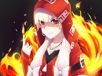  alternate_costume bangs bow closed_mouth collarbone commentary_request eyebrows_visible_through_hair fire fujiwara_no_mokou hair_bow hair_over_shoulder hand_up highres hood hood_up hoodie index_finger_raised jewelry ldl_(bcw1025) long_hair long_sleeves looking_at_viewer ofuda ofuda_on_clothes pale_skin pendant red_eyes shirt sleeves_past_wrists smile smirk solo touhou upper_body white_hair 